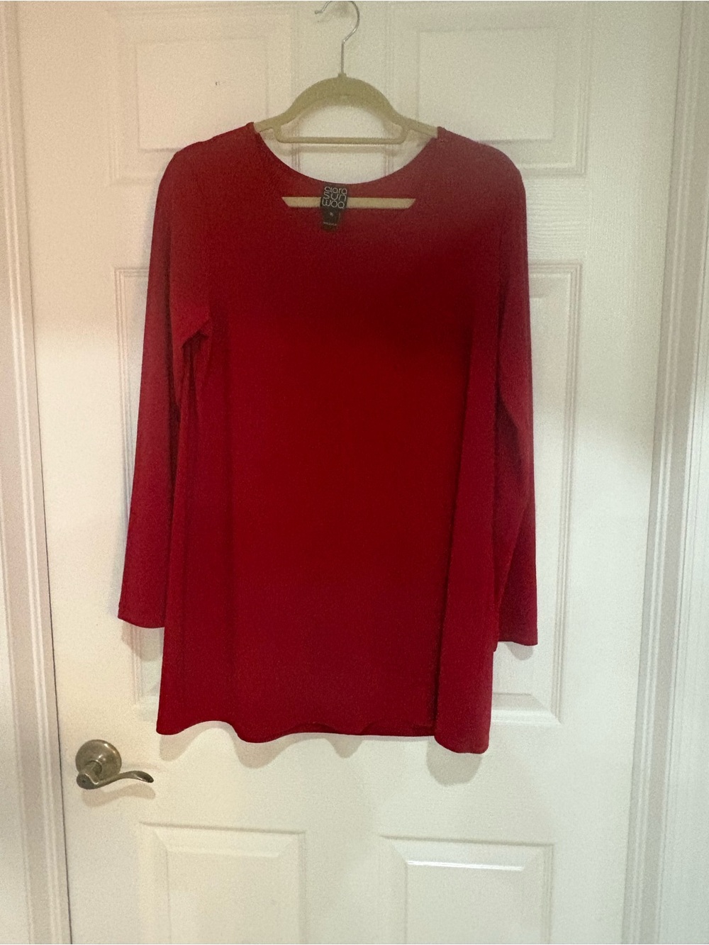 Clara Sun Woo Red Long-Sleeve Women's Tunic Basic straight hem— Large
